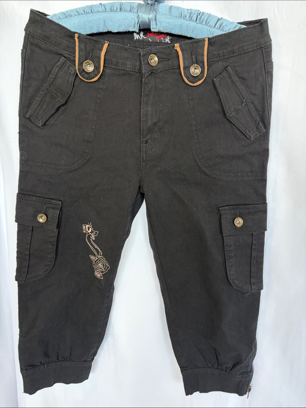 Diamond Capri Cargo Jeans, Embroidered, Rhinestone, Sz 32, 9” rise, 20” inseam